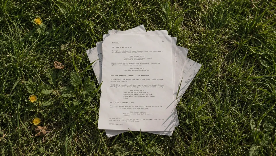 The pages of the WATCHER script fanned out on the grass