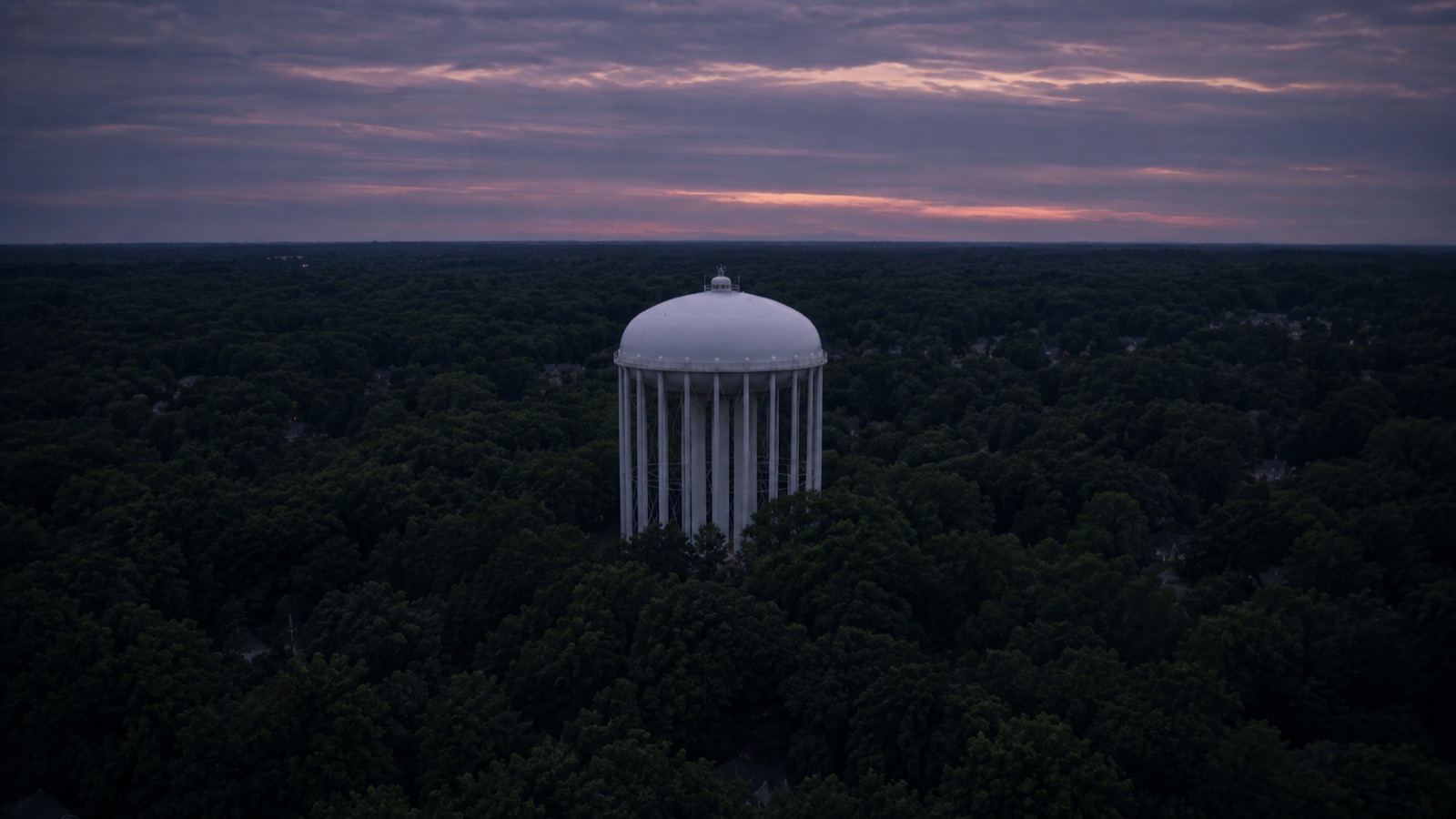 A water tower above the trees at dusk