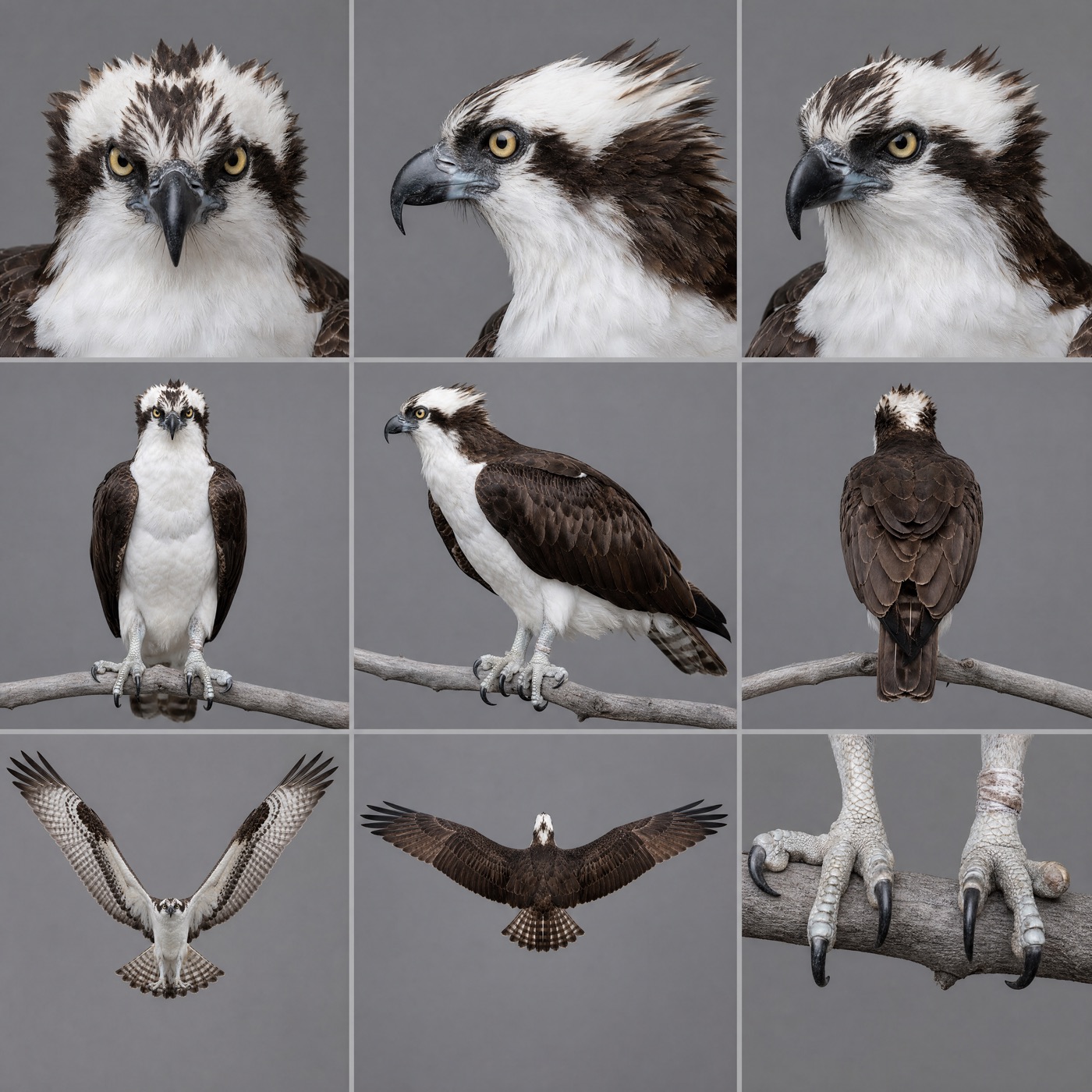 Osprey character map: head, body, wing and talon views