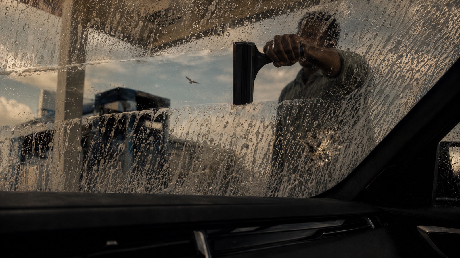 A squeegee on a bug-covered windshield
