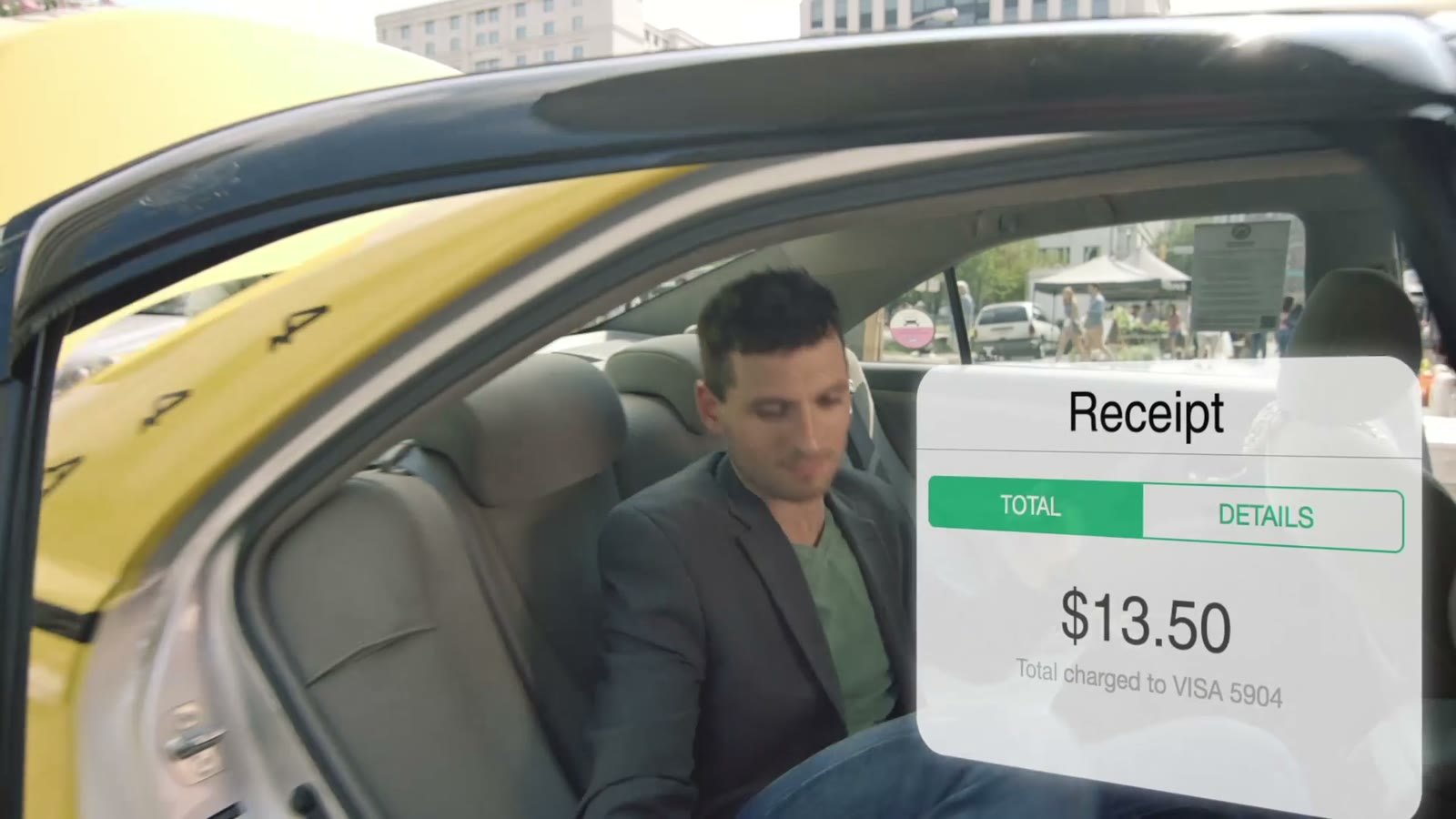 The photographer stepping out of a cab beside a floating receipt for $13.50