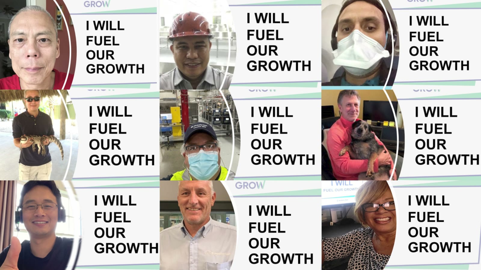 A grid of employees holding I will fuel our growth signs