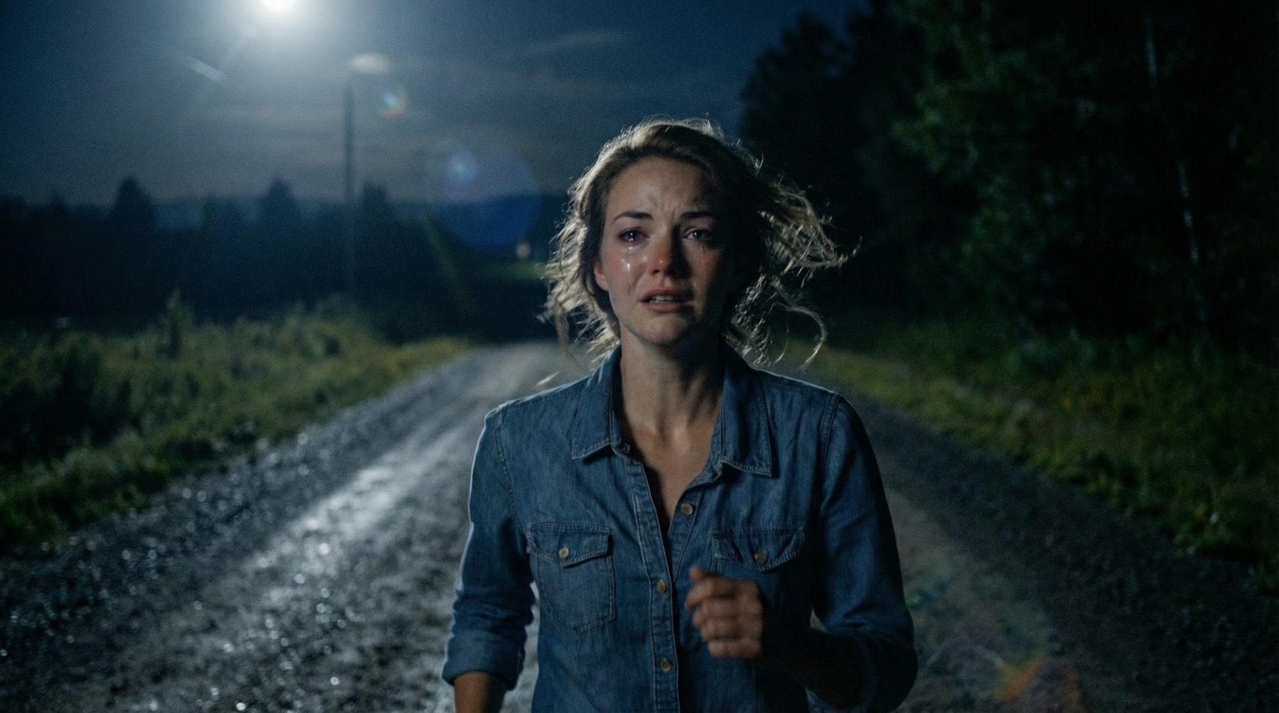 Amy running down a dirt road at night