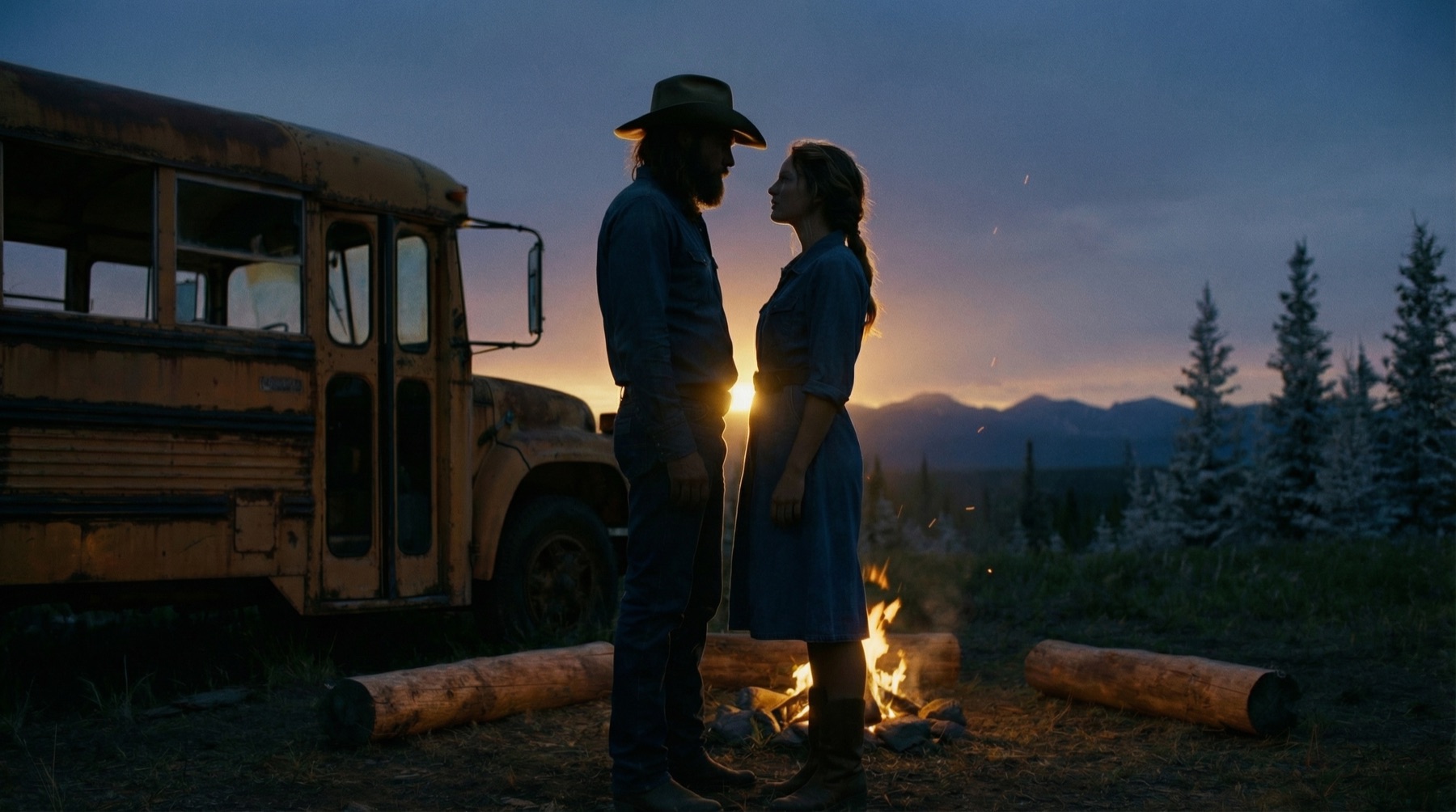 A couple by a campfire at dusk beside an old school bus