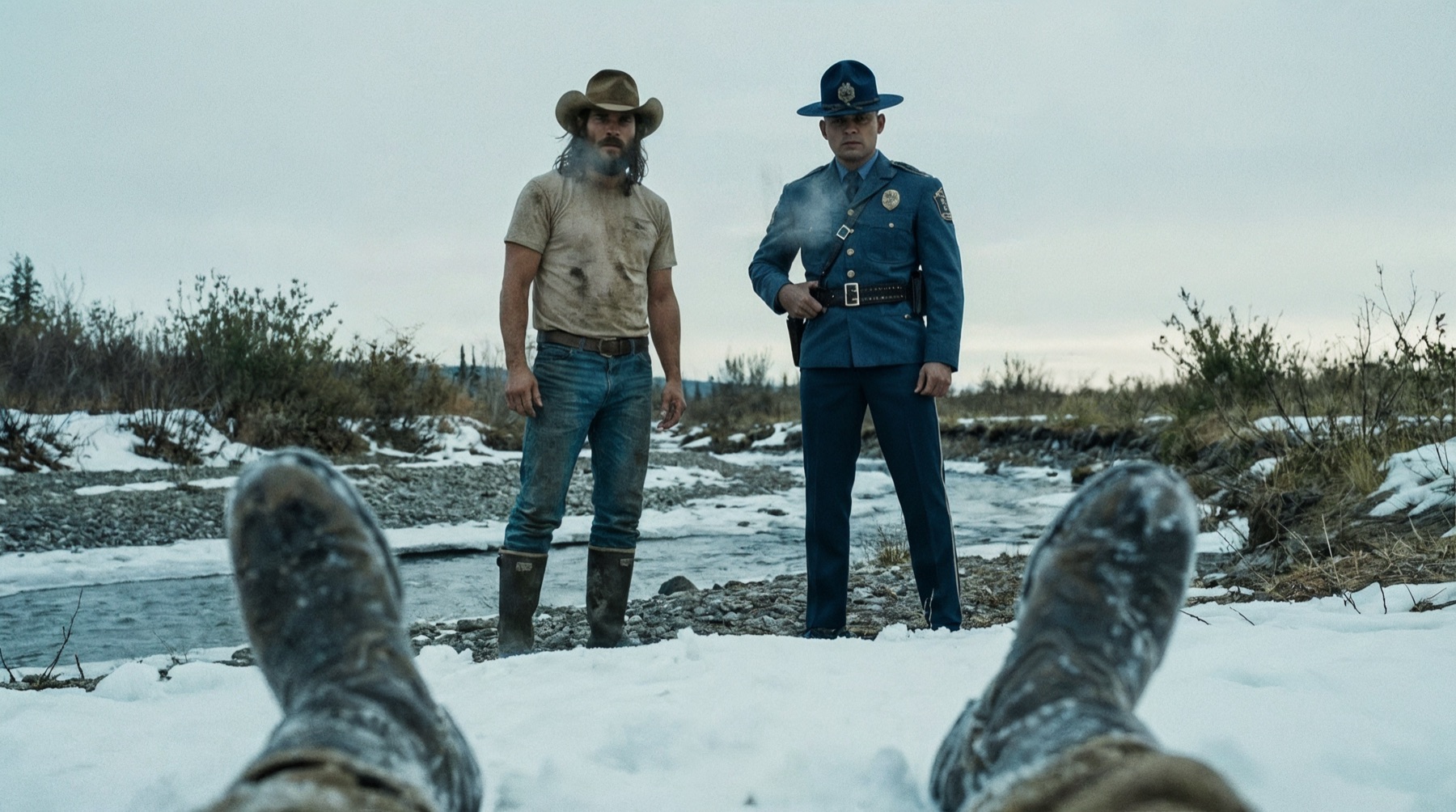 Two men stand over a body in the snow, seen from the body's point of view