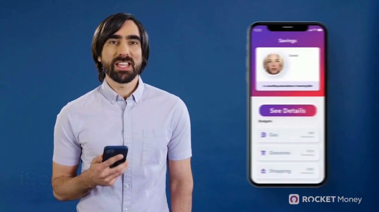 The customer smiling beside the app's savings screen